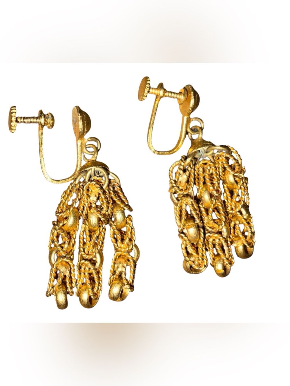 Vintage Gold Tone Chain Tassel Screw Back Earrings Mid Century Fringe Dangle